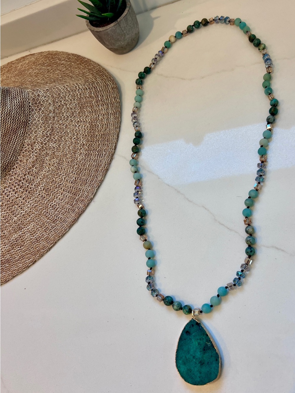 Sage Green Teardrop Pendant Bohemian Beaded Necklace - Women Jewelry